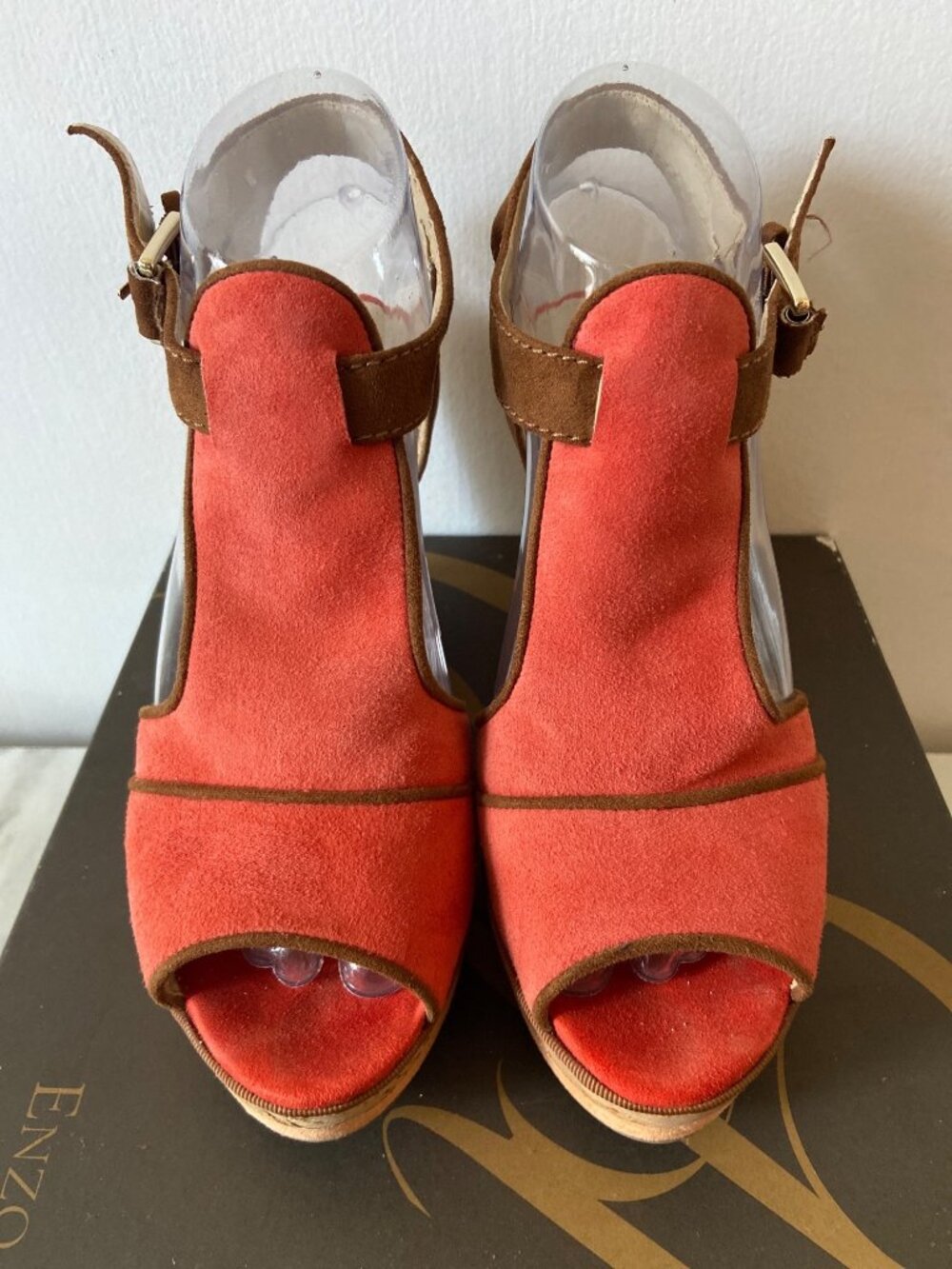 Enzo Angiolini Eagesso Suede Wedge Sandals Size 7.5M Coral Brown Ankle Strap